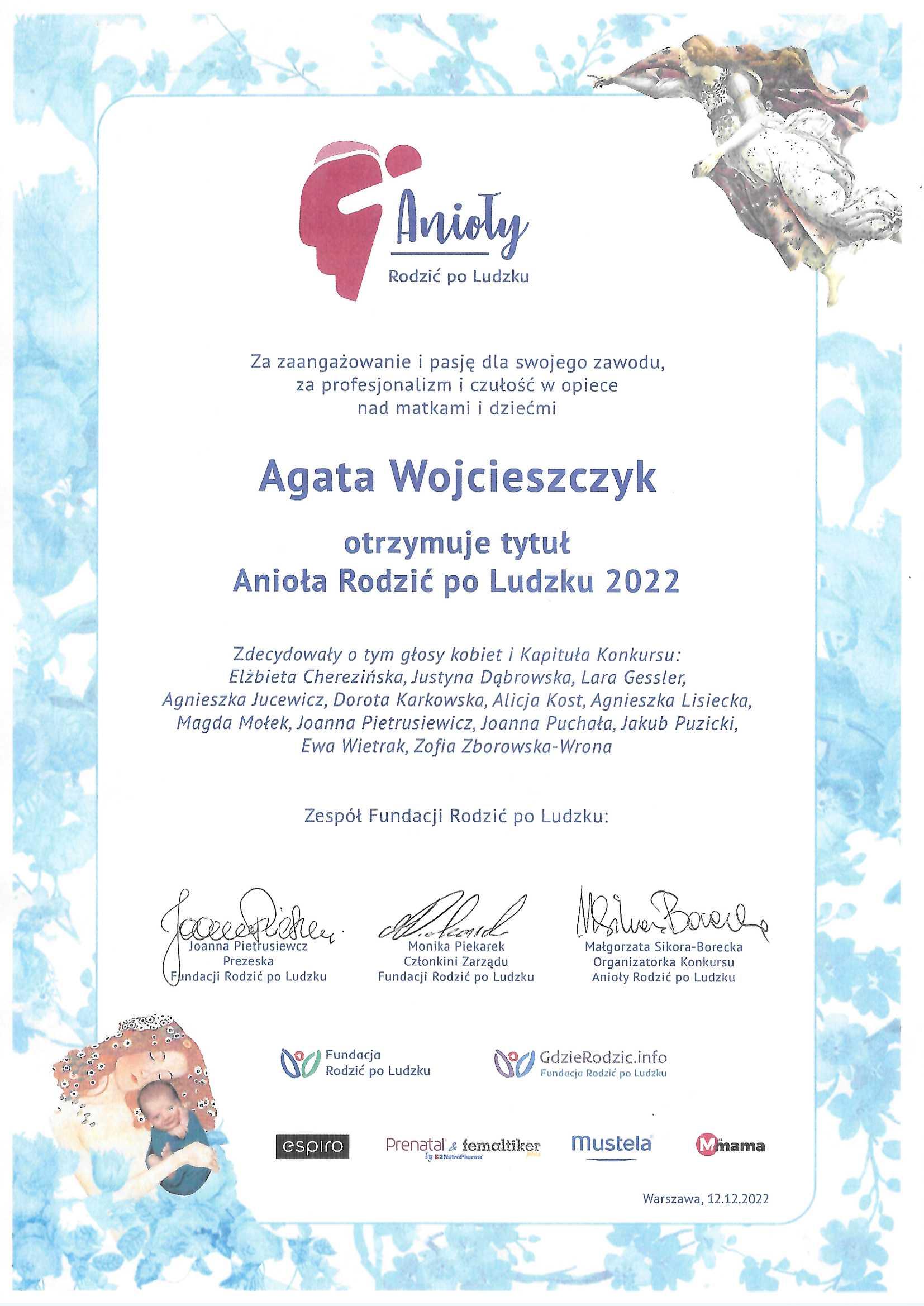 Certyfiikat informujący, że położna Agata Wojcieszczyk otrzymała tytuł Anioła Rodzic po Ludzku 2022